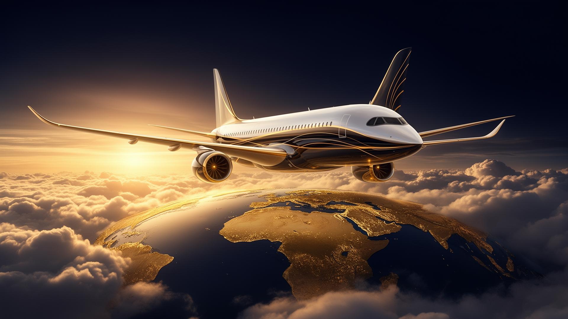 Luxury jet over a golden globe